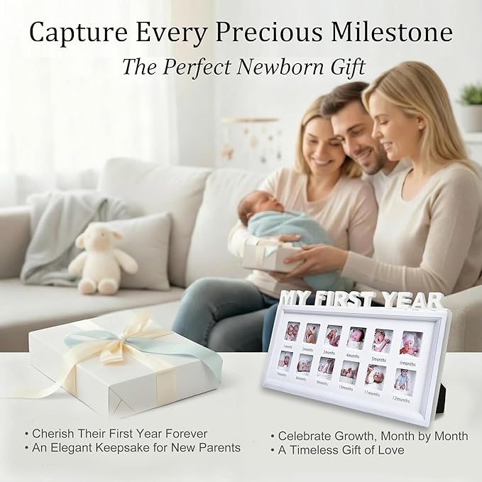 MICKYU My First Year Baby Picture Frame – 12-Month Milestone Photo Display, Personalized Monthly Growth Tracker, Newborn Shower Gift, Rustic White Décor for Nursery or Living Room