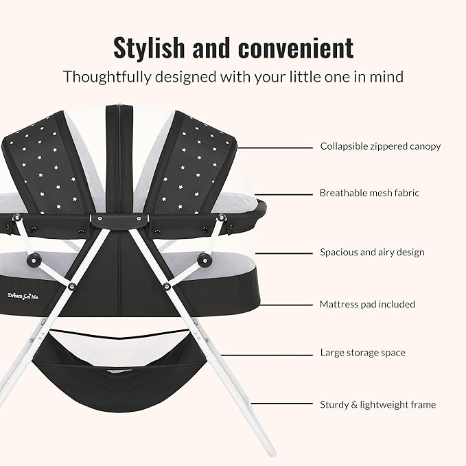 Dream On Me Karley Bassinet, Award Winner Lightweight Travel Baby Bassinet, Foldable Bedside Sleeper, Adjustable Double Canopy, Spacious Design, Soft Fabric, Storage Basket – Black and White