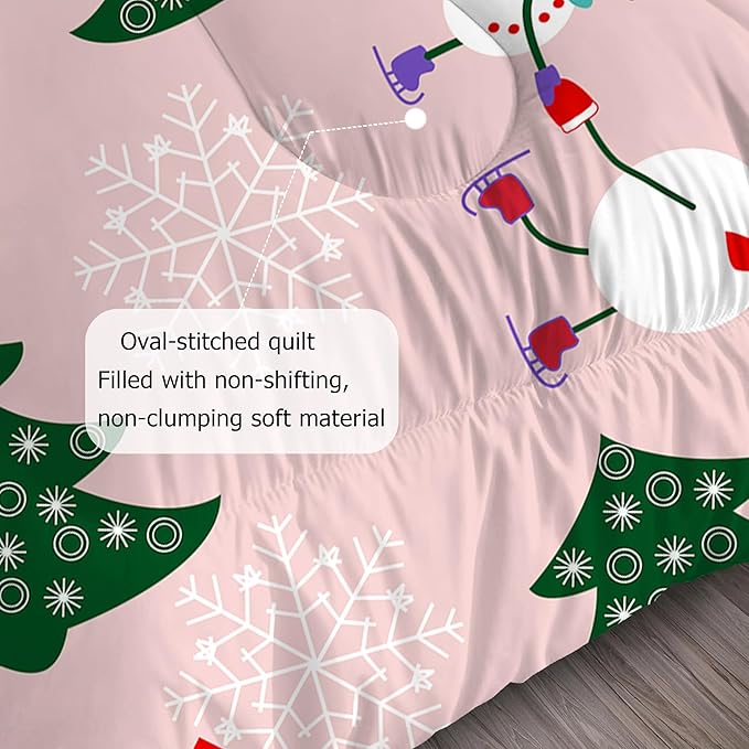 Pink Christmas Comforter Twin: Kids Bedding Set with Xmas Tree Snowman Stocking Candy Cane Snowflake for Teen Girls Boys Holiday Quilt Decor 1 Comforter & 1 Pillowcase