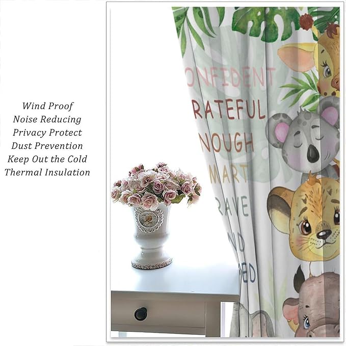 Cartoon Safari Animal Curtains Cute Watercolor Wildlife Jungle Window Treatments for Kids Boys Girls Bedroom Living Room Inspirational Motivational Quotes Nursery Children Drapes W42xL63