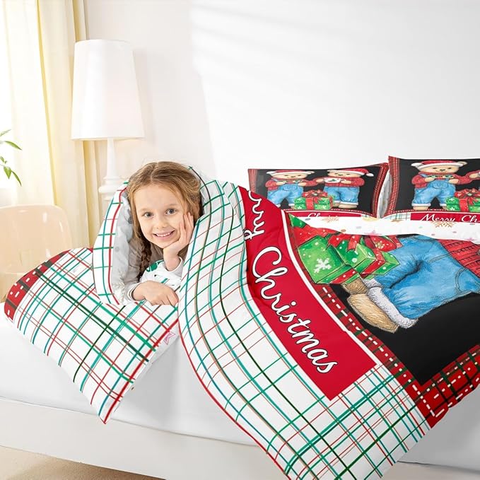 Feelyou Merry Christmas Bedding Set Soft for Boys Girls, Cute Bear Comforter Set Queen Size Duvet Quilt Microfiber Winter Bedroom Decor 3 Pcs with 2 Pillow Cases
