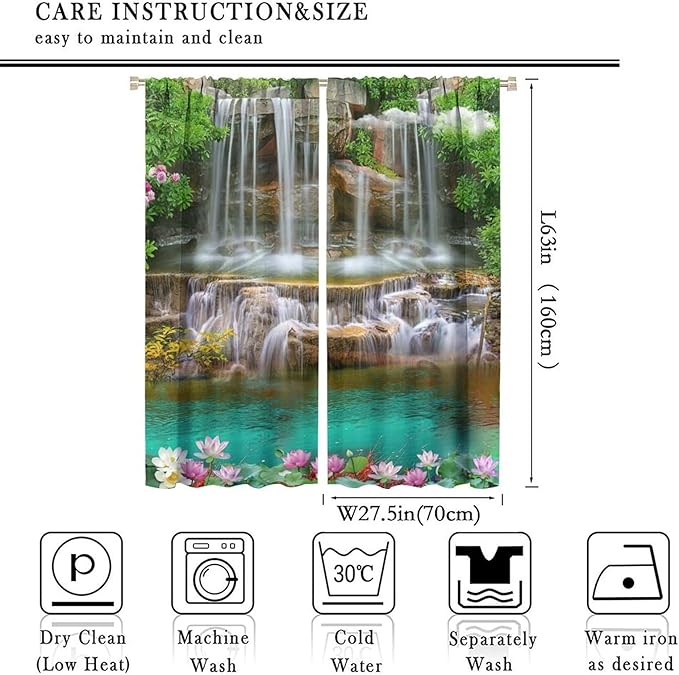 Waterfall Blackout Window Curtains, Rocky Waterfall to Pond Running Off Scenic Nature Themed Picture Print Window Drapes, for Living Room Bedroom 55x63in 2 Panels