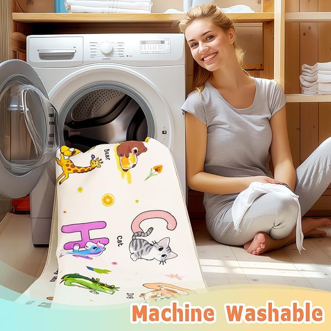 Kids Rugs for Playroom, 7x9 Feet Educational Rug for Learn The ABC Alphabet, Soft Machine Washable Non-Slip Cute Cartoon Animals Carpet for Classroom Toddler Nursery Kids Room Decor, Beige