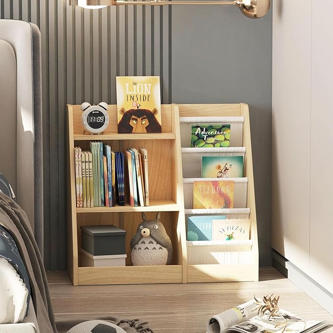 White 3 Tier Kids Bookshelf Toddler Book Rack for Book Toy Storage Organizer Children Bookcase 4 Sling Adjustable Book Display Shelf for Nursery Playroom Kids Baby Bedroom