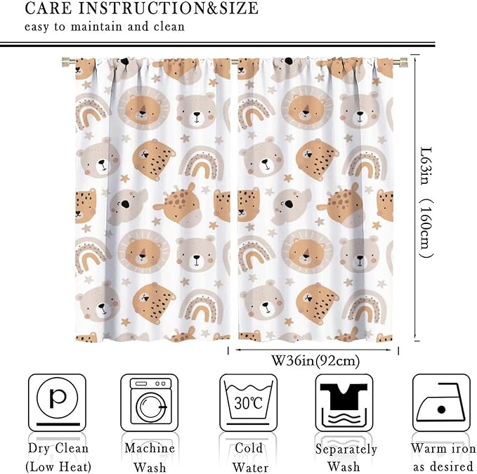Cartoon Boho Animal Curtains,Funny Forest Safari Print,Cute African Wildlife Koala Giraffe Lion Leopard Bear Rainbow Blackout Window Drapes for Boys Girls Kids Baby Child Bedroom 72x63in