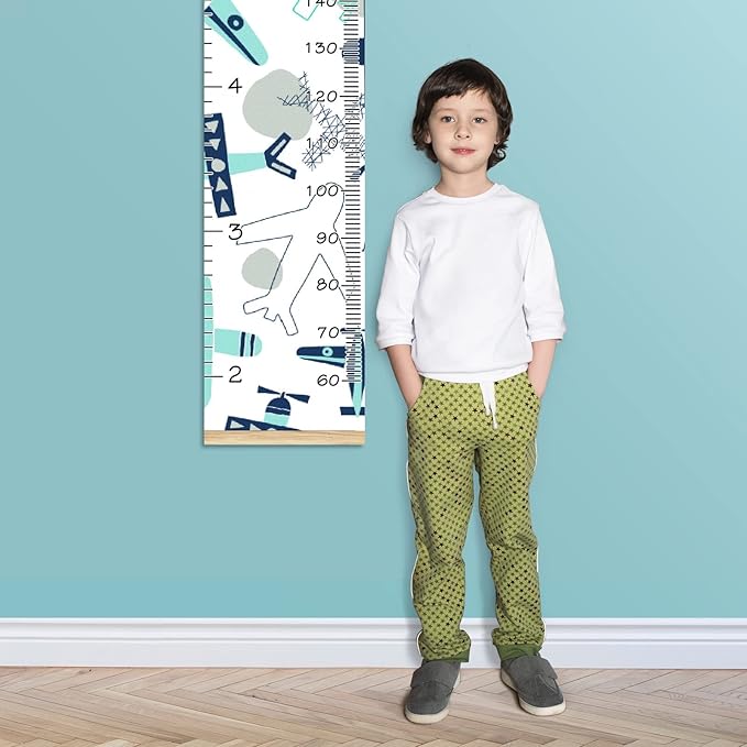 Personalized Kids Name Growth Chart Ruler for Wall Wood Frame Height Measure Chart 13.4x56 in Linen Hanging Height Growth Chart Airplane Collection Kids Room Decor