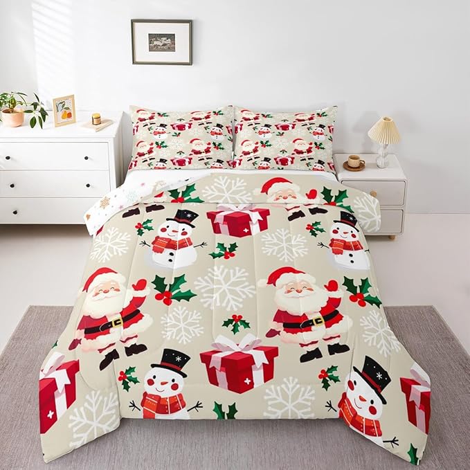 jejeloiu Merry Christmas Comforter Set Toddler Size Xmas Santa Claus Bedding Set for Kids Boys Girls Cute Snowman Duvet Quilt Beige Bedroom Decor