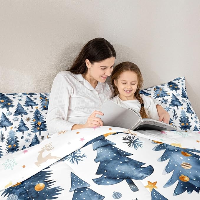 Feelyou Christmas Kids Comforter Set Full Size Xmas Tree Bedding Set Snowflake Duvet Quilt for Kids Boys Girls Bedroom Watercolor Blue Decor Microfiber Ultra Soft Breathable