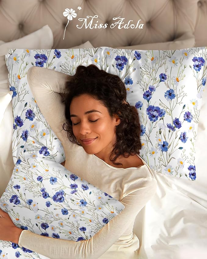 Silk Pillowcase 2 Pack - Pillow Cases 20" x 36" King Size Set of 2 for Hair and Skin Smooth Soft Breathable with Hidden Zipper Cooling Pillow Covers for Sleeping, Blue Daisy