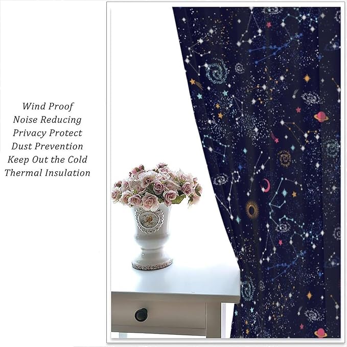 Kids Galaxy Curtains, Fantasy Stars Outer Space Universe Planets Print Window Treatments for Boys Girls Bedroom Nursery Playroom 42" W X 63" L
