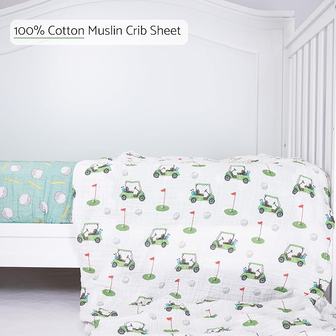 LollyBanks Muslin Crib Sheets 2 Pack, 100% Cotton Neutral Baby Crib Sheets for Standard 52"x28" Mattress, Soft Fitted Sheet for Boys and Girls, Baby Bedding Essentials (Golf Cart and Golf Balls)