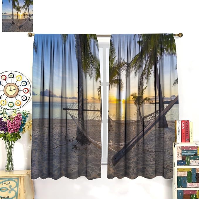 BAEKJIN Ocean Beach Curtains,Morning Sunrise Hawaiian Seaside Scene Pattern Print Decor Home Bedroom Living Room Window Treatments 2 Panel Set 42x45 Inch