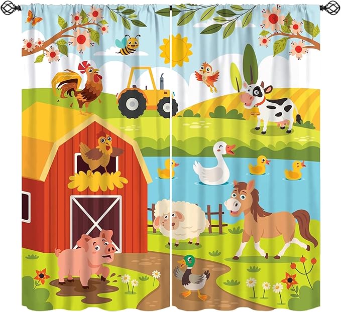 Farmhouse Curtains, Farm Scene Cartoon Animals Pattern Blackout Window Treatments, Rod Pocket Thermal Insulated Drapes 2 Panel Sets for Children Boys Bedroom Nursery Classroom, 52" W X 84" L