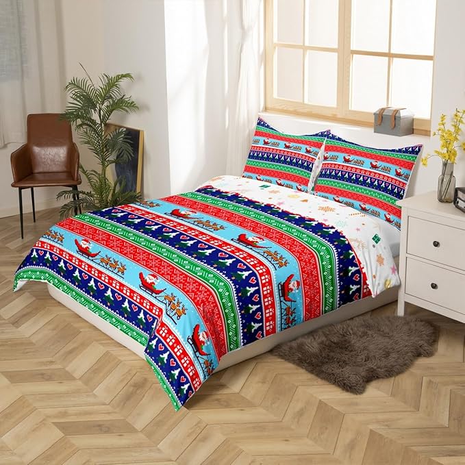 Feelyou Christmas Duvet Cover Cartoon Santa Claus Deer Bedding Set for Kids Boys Girls Teens Room Decor Christmas Tree Comforter Cover Set Exotic Ethnic Pattern Bedspread Cover 3Pcs Zipper Queen Size
