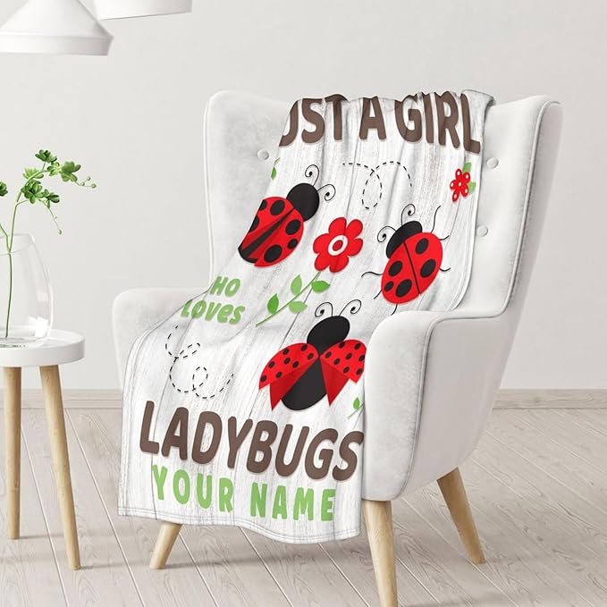 Personalized Ladybug Gifts with Name - Cute Girls Blanket for Ladybug Lovers - 50 x 60 Inches Grey Flannel Throw Blanket Stuff for Sofa, Travel