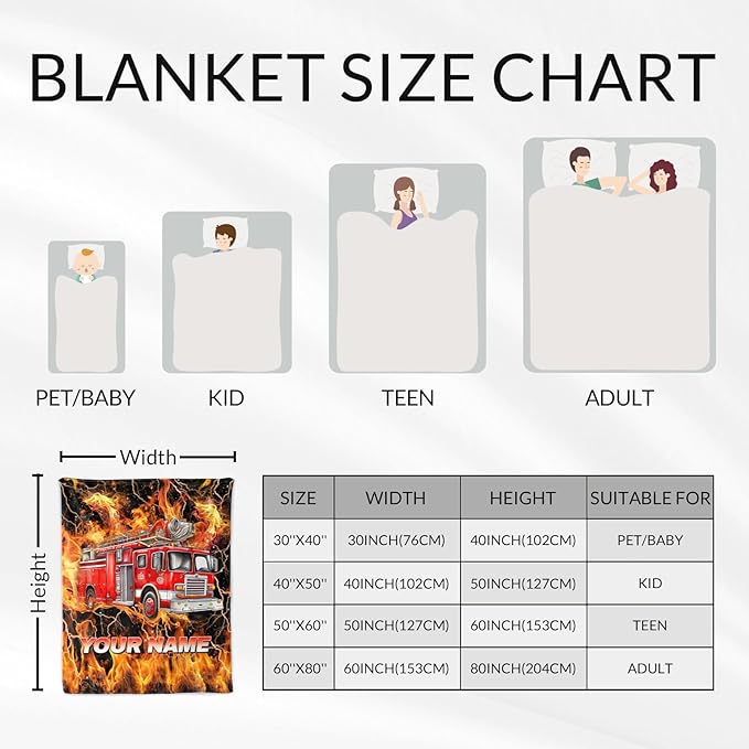 Kids Blanket Gifts Personalized Fire Truck Blankets for Boys, Toddler - Soft Lightweight Flannel Firefighter Throws for Couch, Office & Bedroom