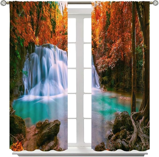 Autumn Forest Waterfall Blackout Curtains, Fall Leaves Trees Jungle Country Nature Landscape Window Drapes, for Bedroom Living Room 42" W X 54" L