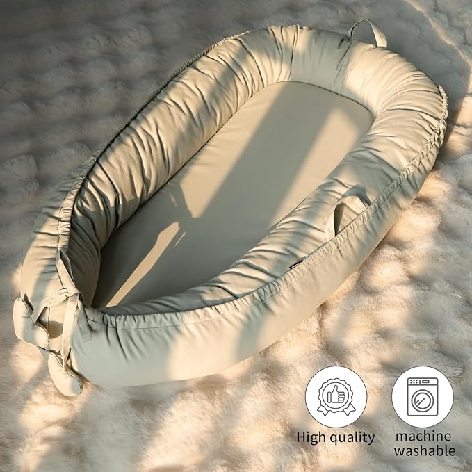 Baby Lounger - Baby Lounger for Newborn 0-24 Months, Soft Breathable Cotton Infant Lounger Cover, Portable Baby Nest for Travel, Newborn Essentials (Silver)