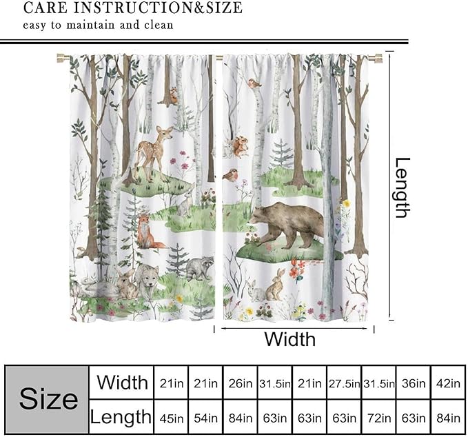 YCness Woodland Animals Curtains, Wild Animals Watercolor Forest Bear Deer Fox Rabbit Floral Nature Window Treatments for Bedroom Kitchen Nursery Living Room Drapes, 42x54 Inch