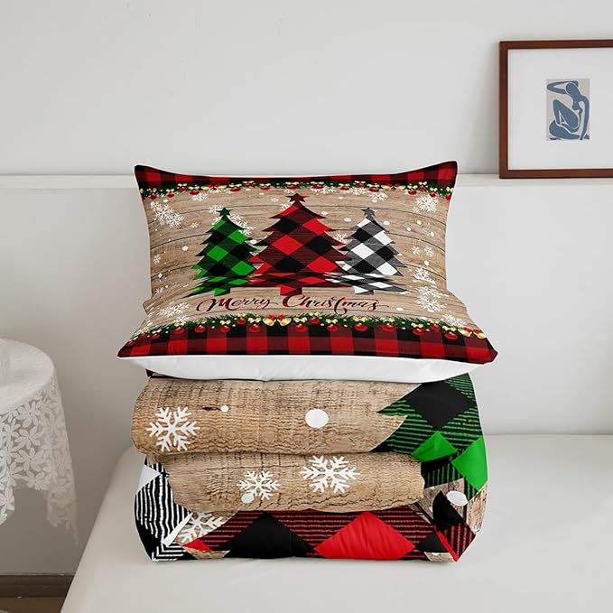 Manfei Plaid Tree Comforter Set Queen Size, Wooden Stripe Print Bedding Set 3pcs for Kids Boys Girls Bedroom Decor, Christmas Theme New Year Quilt Set with 2 Pillowcases