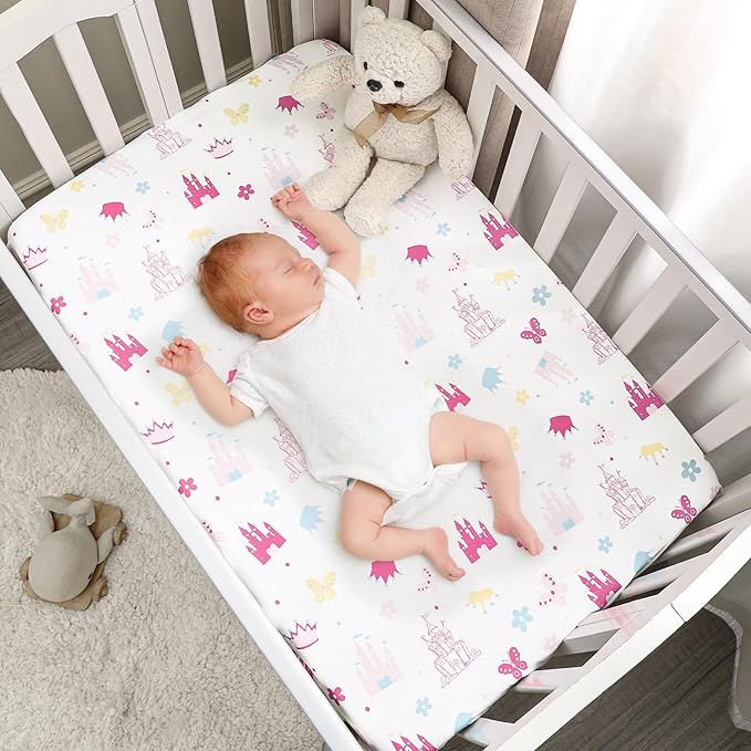 PHF Soft Mini Crib Sheet Set, 2 Pack Silky Comfy Pack N Play Sheets for Boys Girls, Universal Fit for Pack N Play, Playard and Mini Crib Mattresses, Castle