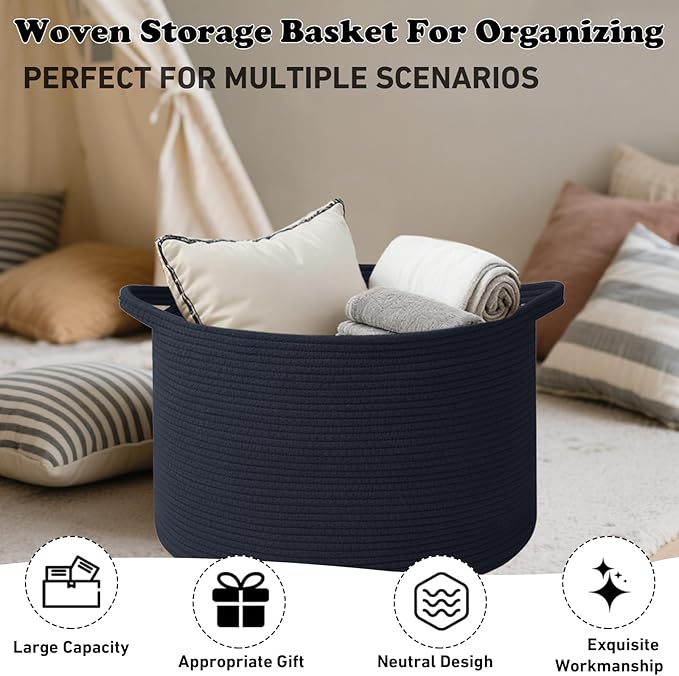 Large Blanket Basket for Organizing,115L Closet Organizers and Storage Bins Box for Shelves Woven Rope Storage Baskets,Living Room,Bedroom,Dorm,Laundry room (Navy)