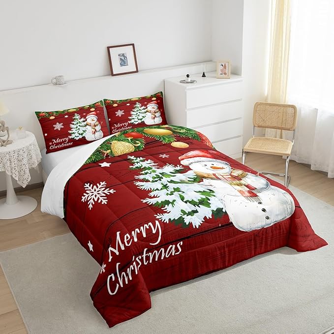 Manfei Christmas Comforter Set Twin Size, Cute Snowman Tree Print Quilt Set with 1 Pillowcase, New Year Theme Rustic Style Xmas Bedding Set 2pcs for Kids Boys Girls Bedroom Decor