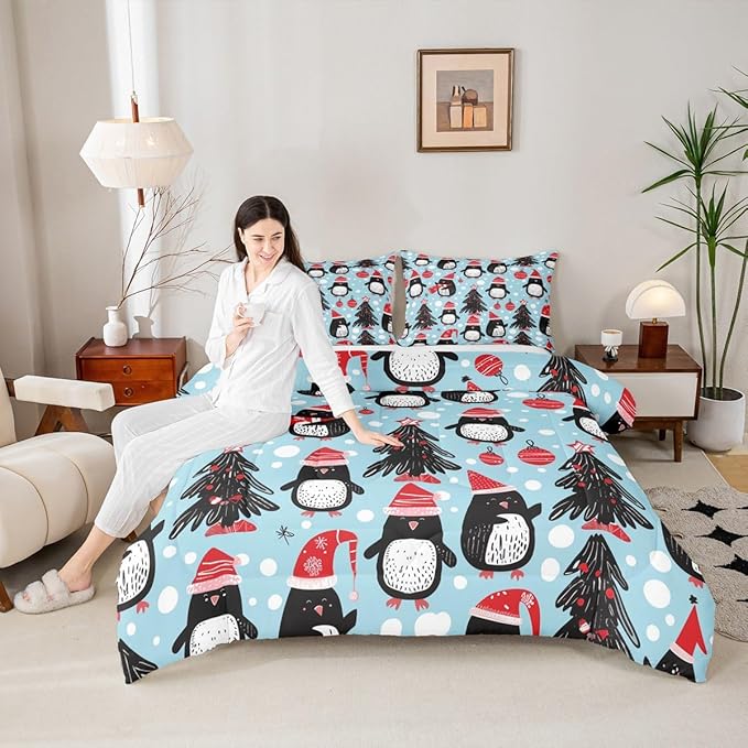 Feelyou Christmas Comforter Set All Season Penguin Bedding Set with 2 Pillow Cases Xmas Tree Microfiber Kids King Bedclothes Christmas Balls Bedroom Decor Duvet Quilt Breathable Soft Lightweight