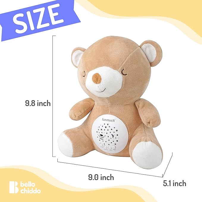 Teddy Bear Baby Soother - Sleep Soothing White Noise, Portable Night Light Projector and Melodies, Toddler Crib Lullaby Machine Sleeping Aid for Newborns and Up, Babies Stuffed Animal Plush Toy