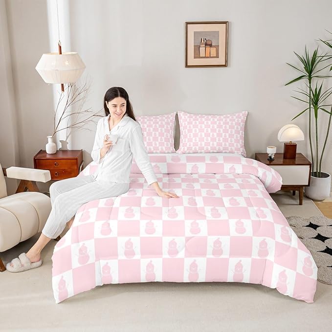 Feelyou Christmas Comforter Set Twin Size Checkered Bedding Set for Kids Boys Girls Snowman Duvet Quilt Xmas Decorations Bedroom Decor Pink Microfiber 2 Pcs with 1 Pillow Cases Soft Lightweight