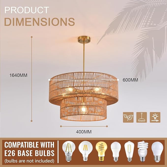 23.62" 6-Light Rattan Farmhouse Chandelier, Boho Large Pendant Light, Large Wicker Chandelier Light Fixtures, Hand Woven Chandeliers, for Dining Room