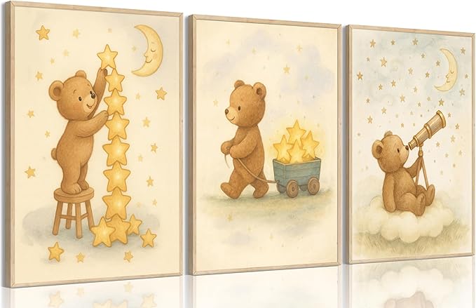 3Pcs Bear Nursery Wall Art Cute Teddy Bear with Stars and Moon Poster Animals Playing with Stars and Telescope Neutral Baby Room Decor Dreamy Prints for Kids and Babies Bedroom 12x16in Unframed