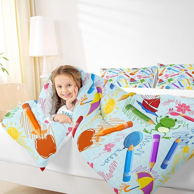 Feelyou Kids Cartoon Pencil Comforter Set Full Size, Colorful Nursery Bedding Set Cute Crayon Comforter for Kids Boys Girls Funny Art Printed Duvet Set Durable Bed Set 3Pcs