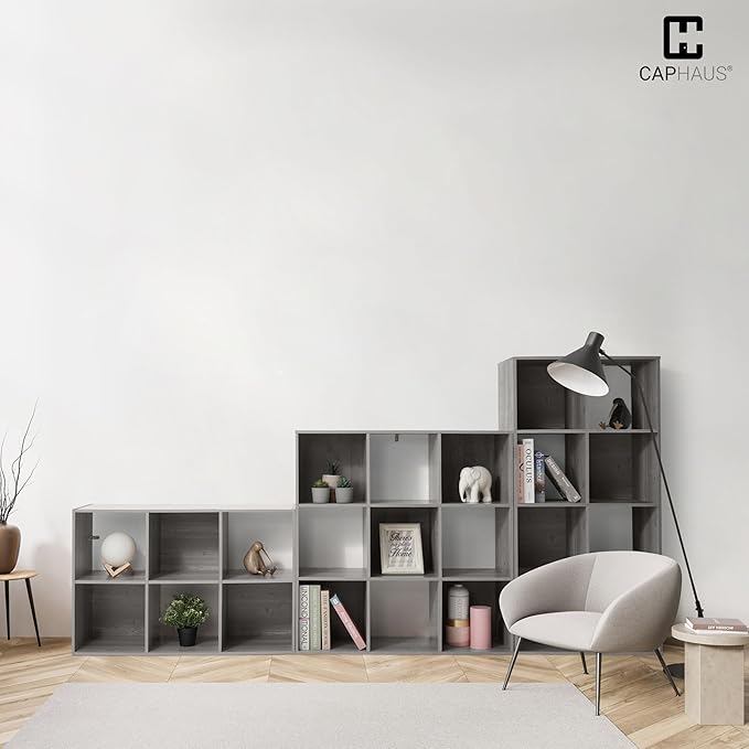 CAPHAUS 11-Inch Cube Storage Organizer Shelf, Home Storage Shelf Divider w/Back, 8-Cube Storage Bookcase, Greige Oak
