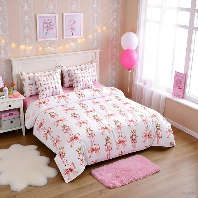 7 Pieces Cartoon Nutcracker Kids Comforter Set King,Pink Bowknot Romantic Princess Bedding Set,Ballet Merry Christmas Bow Tie Dreamy（Comforter+Fitted+Flat Sheet+2 Pillowcases+2 Throw Pillow Covers）
