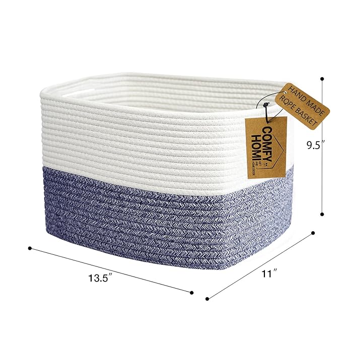 COMFY-HOMI 3 Pack Medium Cotton Rope Basket with Handles for Shelves, Dog Toy, Baby, Gift Organizing, Handwoven Craft - New Generation 13.5" x 11" x 9.5" (Navy Blue)