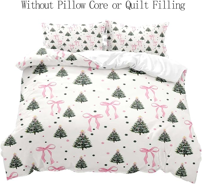 LUVIVIHOME 3PCS Pink Bow Christmas Tree Duvet Cover Full Bedding Set, White Duvet Cover, Teen Girls Bedding, Winter Holiday Christmas Comforter Cover, Coquette Room Decor Aesthetic, 2 Pillow Shams
