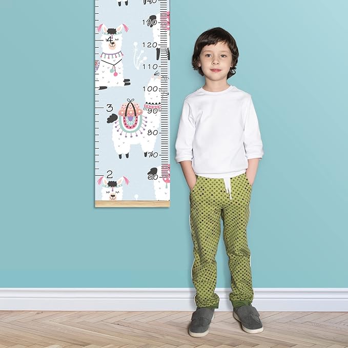Personalized Kids Name Growth Chart Ruler for Wall Wood Frame Height Measure Chart 13.4x56 in Linen Hanging Height Growth Chart Funny Alpaca Llama Cacti Kids Room Decor