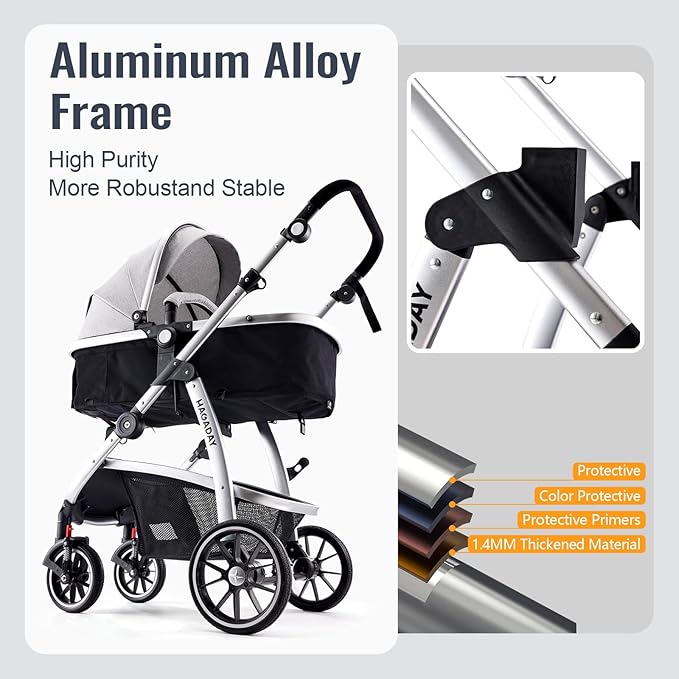 Baby Stroller, 2-in-1 Reversible Toddler Seat with Basket Mode, Foldable Infant Stroller with Canopy, One Button Brake, Adjustable Handle, Newborn Pushchair (Gray)