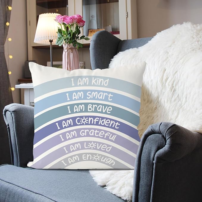 QIYUHOY Boho Rainbow Classroom Throw Pillow Covers, Book Center Calming Corner Playroom Decor Pillow Case, Blue Pillow Cover, I Am Kind Smart Brave Confidence 24x24 Inch Pillowcase(Blue)