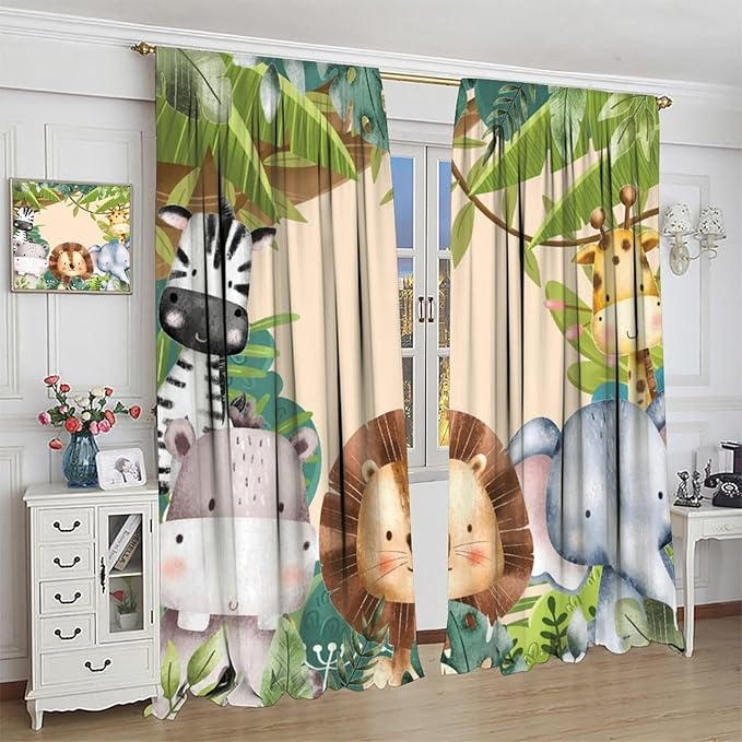 Jungle Animals Curtains Colorful Forest Cartoon Wildlife Lion Giraffe Elephant for Kids Boys Girls Nursery Bedroom Living Room Blackout Rod Pocket Decoration Window Drapes 2 Panels W26xL84in