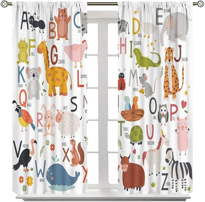 Alphabet Kids Learning Curtains Cartoon Animal Baby Boys Child Educational Curtain with Rod Pocket for Bedroom Nursery Home Decor Drapes Window Treatments 2 Panels Set 42" W X 54" L