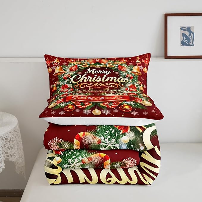 Merry Christmas Comforter Set King Size,Christmas Wreath Snowflake Duvet Insert for Kids Boys Girls Room Decor,Red Xmas Ball Glitter Bedding Set 3Pcs,Merry Christmas Theme Quilt Set,2 Pillowcases
