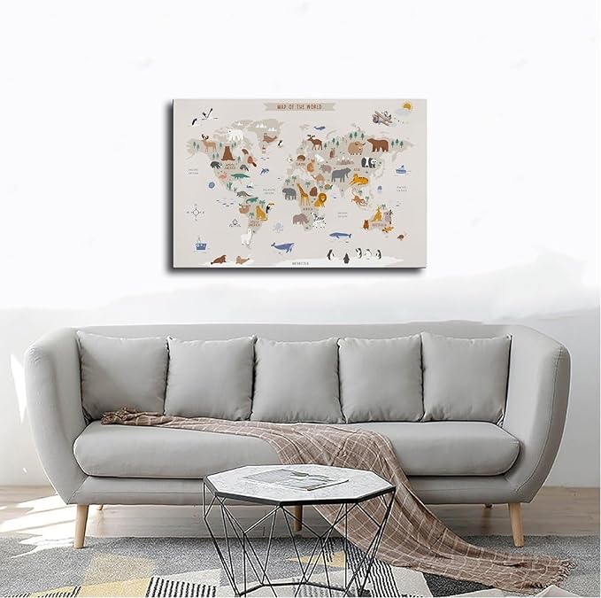 KIPNG Kids World Map - Playroom Animal World Map - Nursery Educational Poster Canvas Poster Wall Art Picture Paintings for Living Room Bedroom Decoration Frame-style16x24inch(40x60cm)