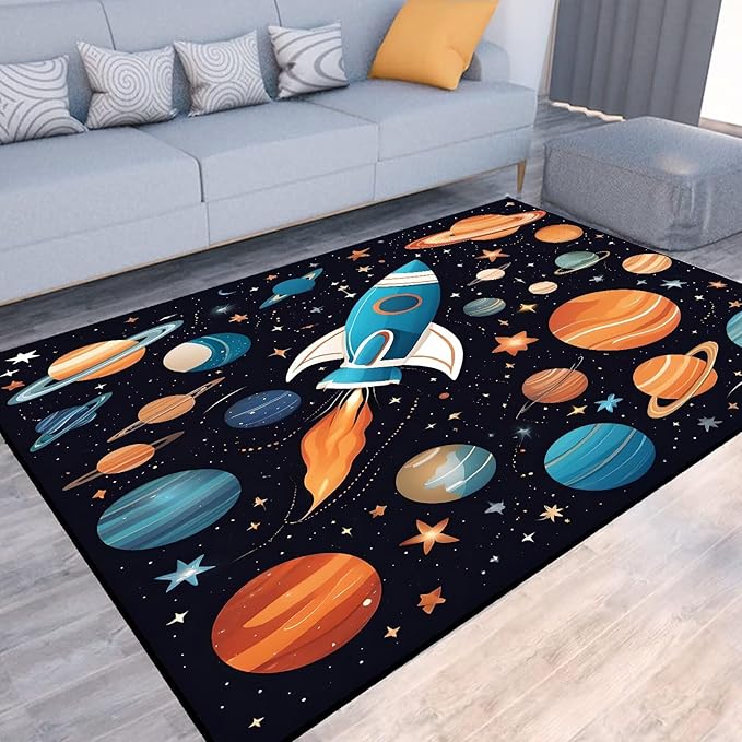 6' x 9' Space Rocket Rug for Kids Bedroom Cartoon Planet Stars Rugs Galaxy Carpet Printed Throw Rugs for Boys Children Living Room,180x275cm