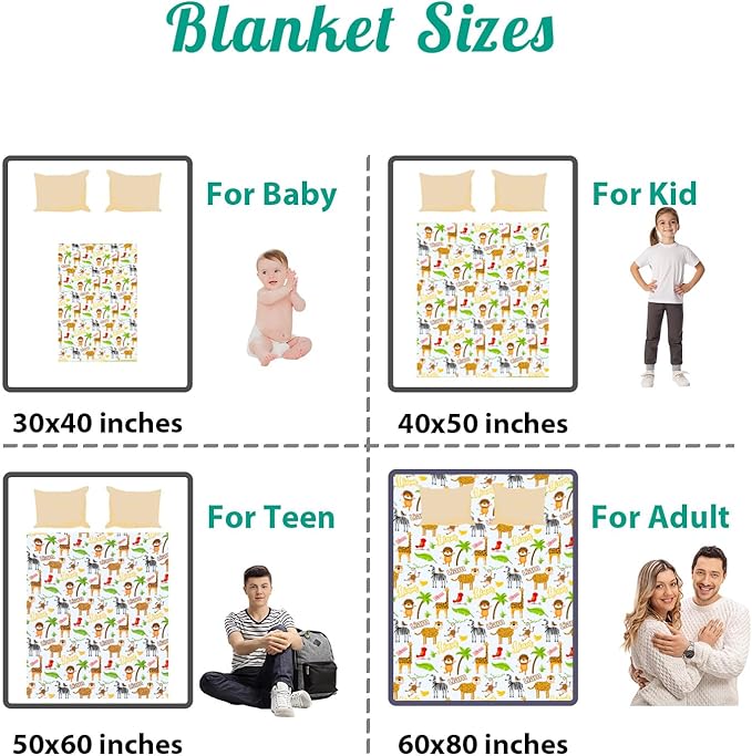 Custom Safari Animals Blanket Gift, Personalized Baby Blanket with Name, Soft Plush Flannel/Sherpa Fleece Throw Blankets for Toddler Kid Teen Boys Girls Color03