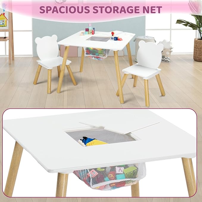 JOYMOR Kids Table and 2 Chairs Set with Storage & Removable Tabletop, Panda Ear Chairs, 3-in-1 Kids ActivityTable for Craft, Playroom Toddler Table and Chair Set for Kids 2-5