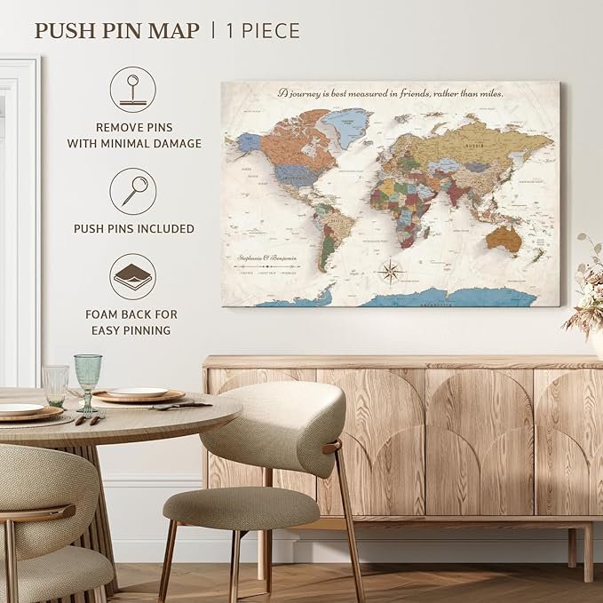 ElephantStock - Personalized Journey V Push Pin World Map Wall Art - Horizontal Canvas Wall Art - Living Room Wall Decor - Digital Art Map Canvas Art - Beige And Orange Decor - 48" x 32"