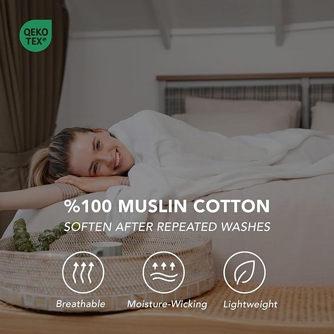 Goqan Muslin Blanket King Size 90x108 – 100% Cotton 4 Layer Boho Muslin Blanket for Adults, Lightweight, Soft, Breathable for Bed, Couch - White