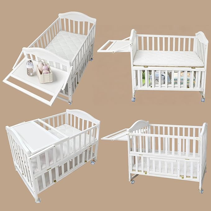 Portable Mini Baby Crib - Cunas para Bebes with Changing Shelf and Mattress Included,2025 Wheeled Wood Baby Bassinet,Bassinet Bedside Co Sleeper for Small Room,White